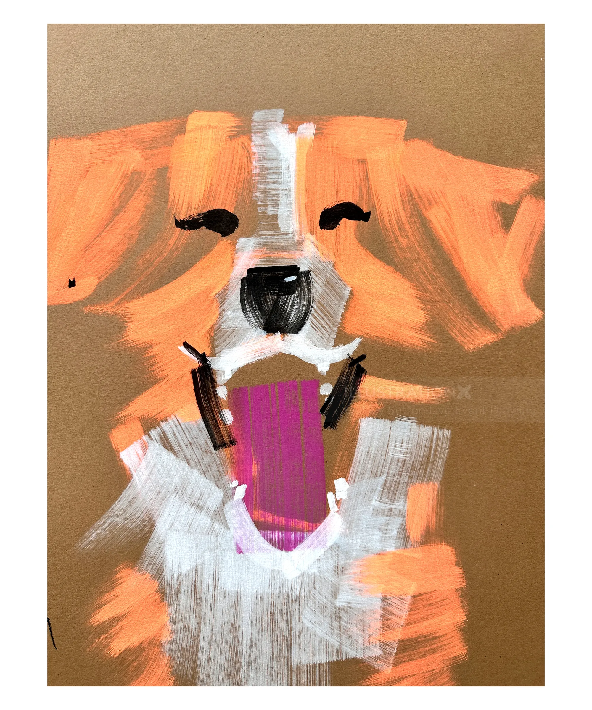 Abstract dog portrait with orange and white brush strokes by Quincy Sutton Live Event Drawing