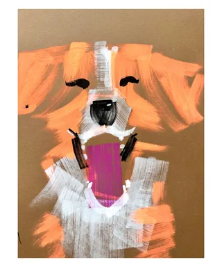 Abstract dog portrait with orange and white brush strokes by Quincy Sutton Live Event Drawing