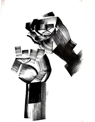 Abstract ink drawing of two raised fists by Quincy Sutton Live Event Drawing