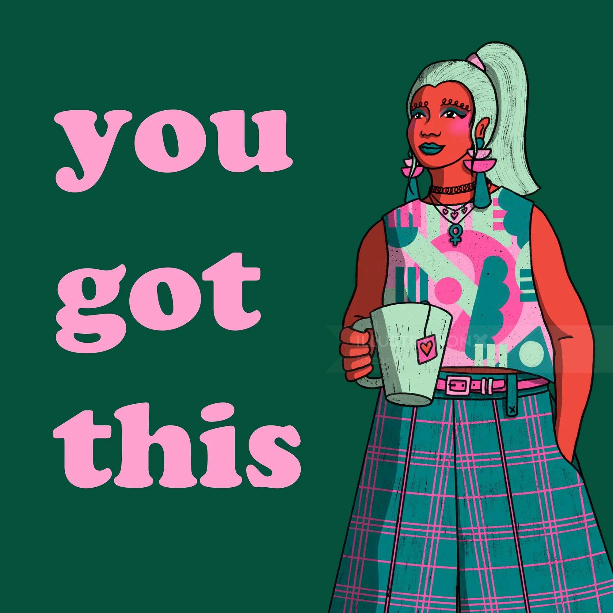 Ilustração de uma mulher confiante com cabelo verde segurando uma xícara de café por Rachel Winter