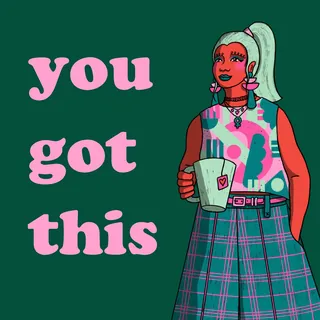 Illustration of confident woman with green hair holding coffee cup by Rachel Winter
