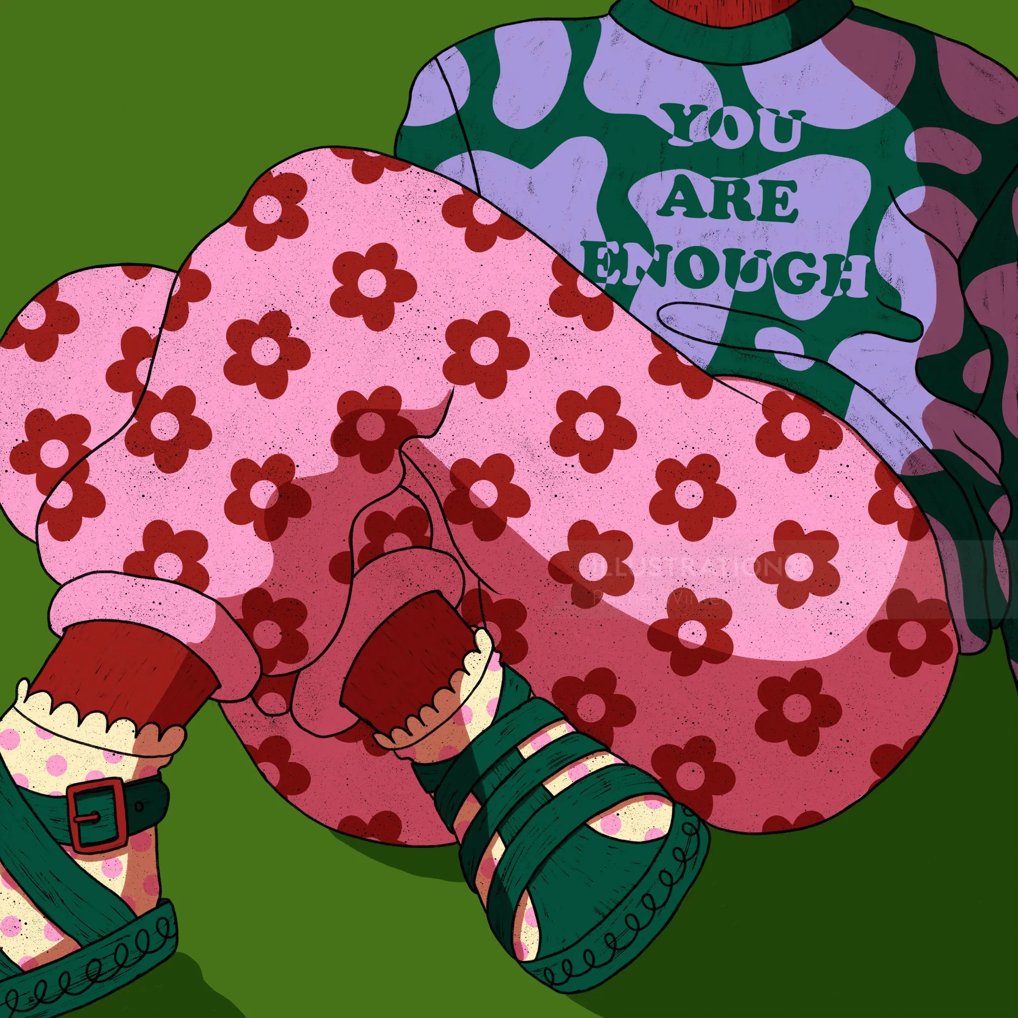 Illustration of person in patterned clothes saying You Are Enough by Rachel Winter