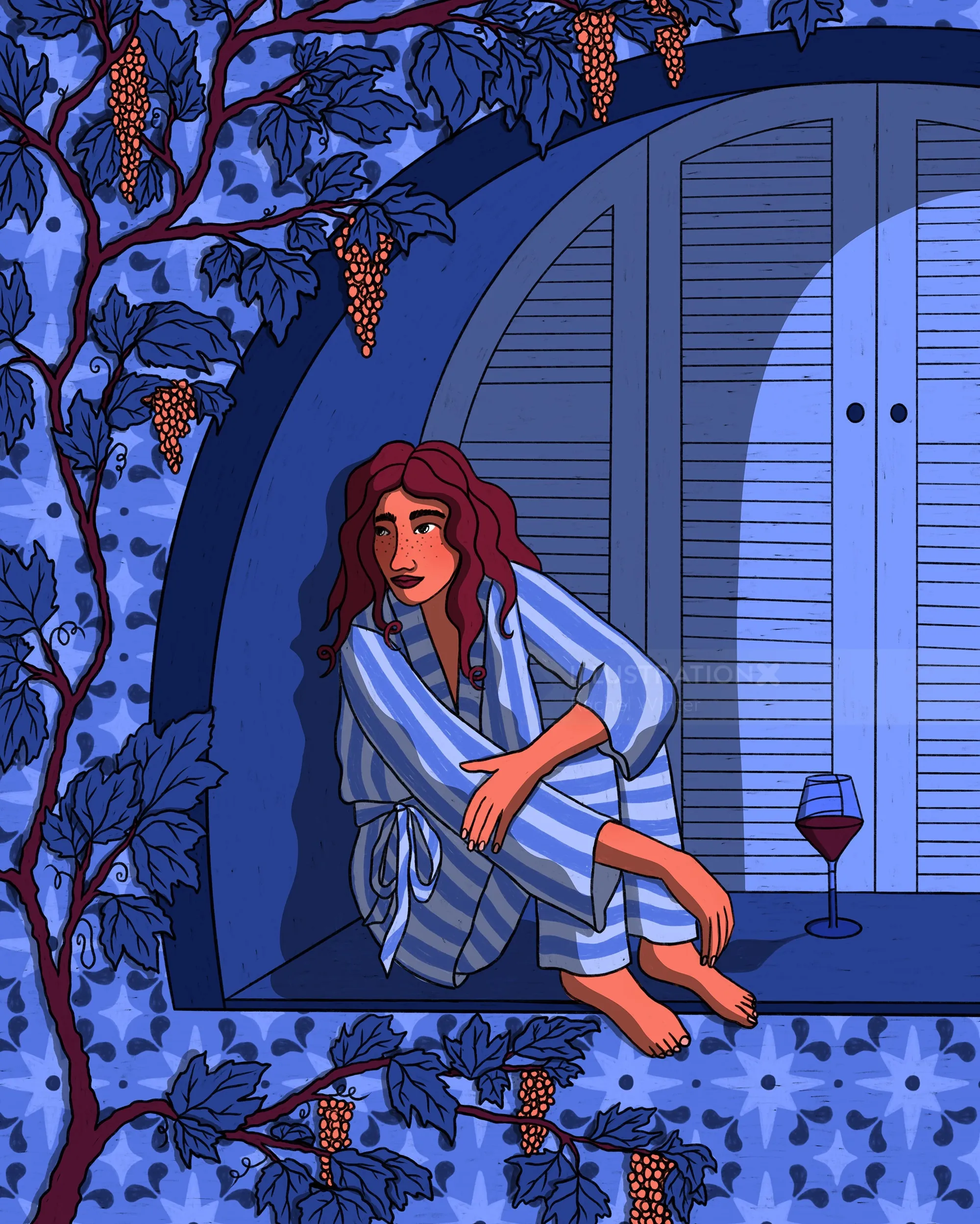 Woman sitting in window surrounded by grapevines at night by Rachel Winter