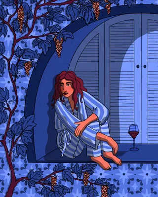 Woman sitting in window surrounded by grapevines at night by Rachel Winter