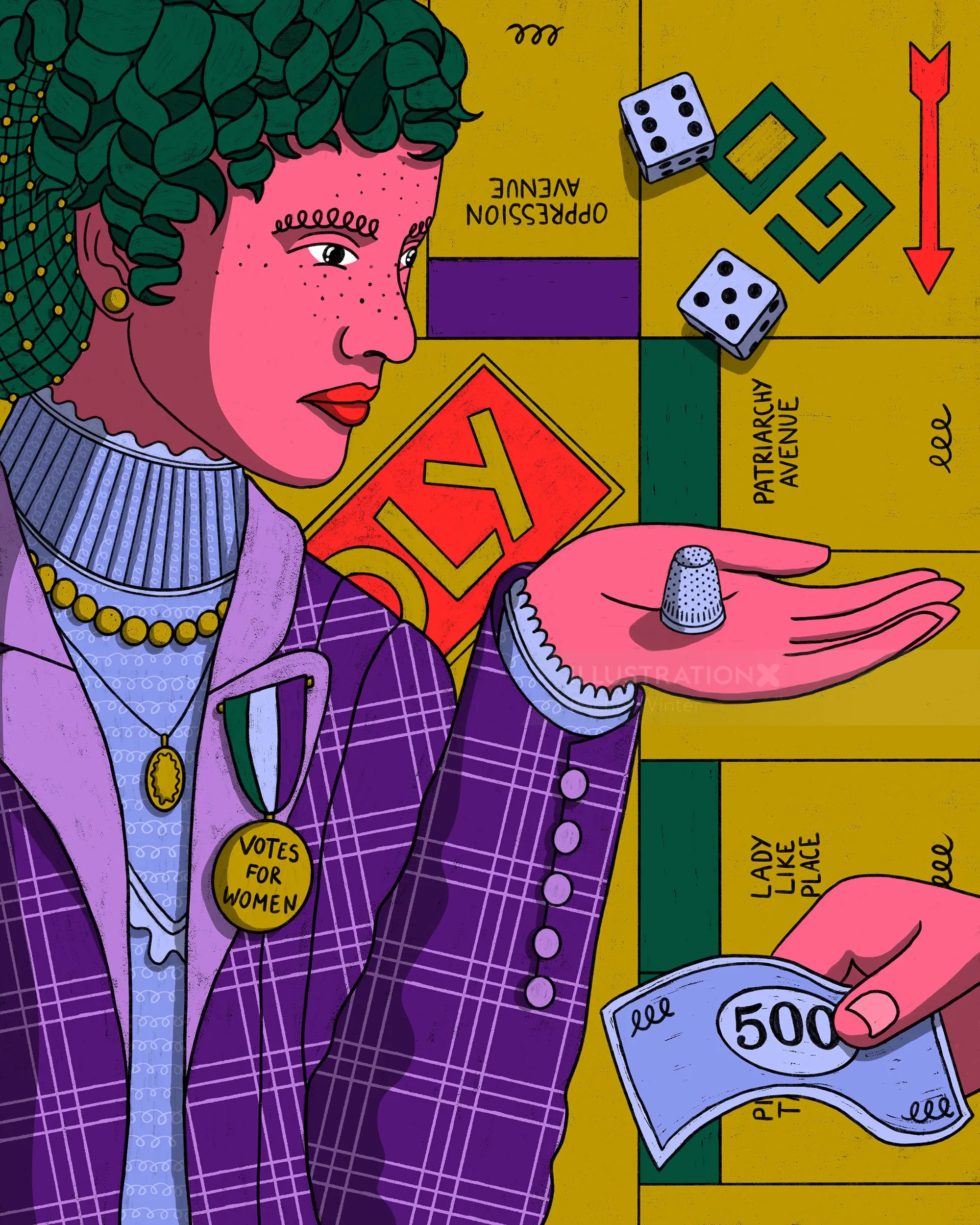 Illustration of woman with green hair playing Monopoly game by Rachel Winter