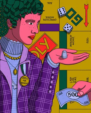 Illustration of woman with green hair playing Monopoly game by Rachel Winter