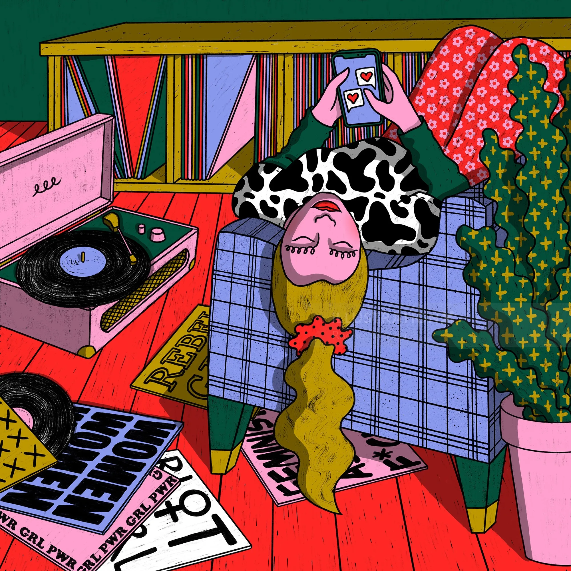 Illustration of woman lying upside down reading with records nearby by Rachel Winter