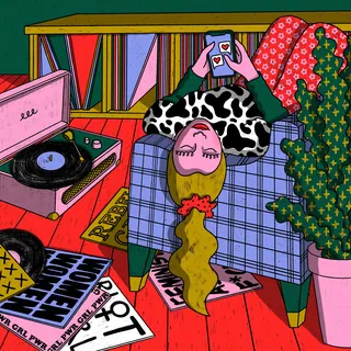 Illustration of woman lying upside down reading with records nearby by Rachel Winter