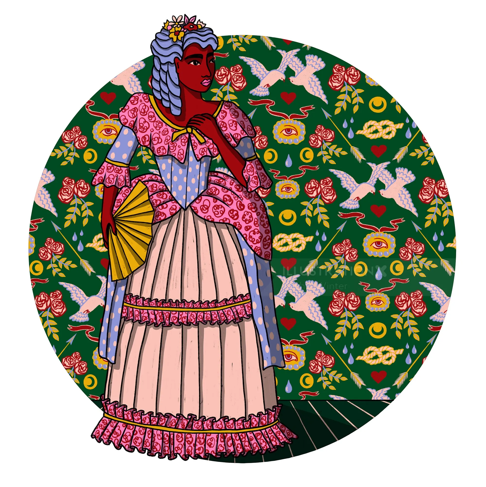 Illustration einer Frau in gemusterter Kleidung des 18. Jahrhunderts von Rachel Winter