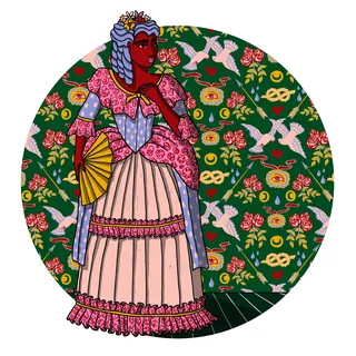Illustration of a woman in patterned 18th-century attire by Rachel Winter