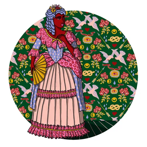 Illustration einer Frau in gemusterter Kleidung des 18. Jahrhunderts von Rachel Winter