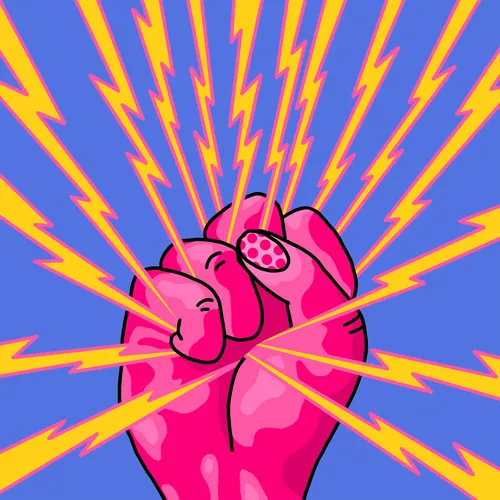 Gehetzte rosa Faust mit gelben Blitzen als Symbol der Macht (von Rachel Winter)
