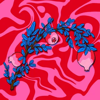 Pomegranate branch with blue leaves on swirling red background by Rachel Winter