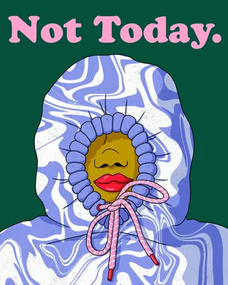 Colorful illustration of a person in a blue hood with lips and yellow face by Rachel Winter