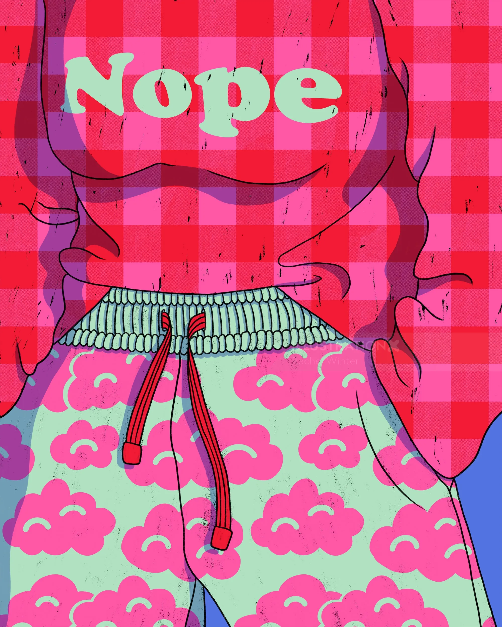 Ilustración de una persona con una camiseta con la palabra "Nope" y pantalones con estampado de nubes, realizada por Rachel Winter.