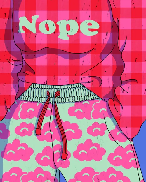 Illustration einer Person, die ein „Nope“-Shirt und eine Hose mit Wolkenmuster trägt, von Rachel Winter