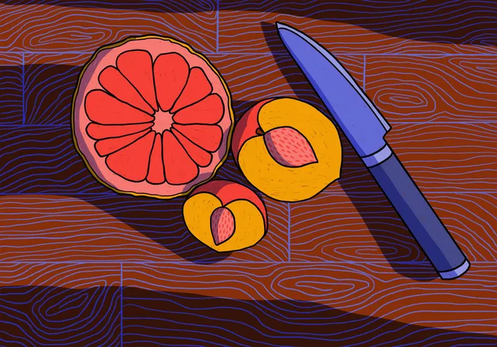 Morning light illustration of peaches, grapefruit, and knife by Rachel Winter