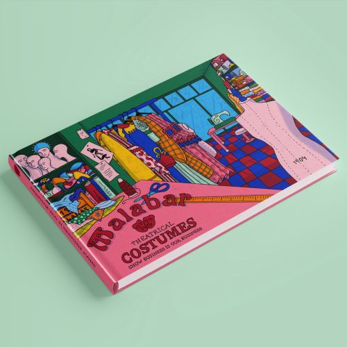 Colorful cover illustration of Malabar theatrical costumes with characters and costumes by Rachel Wi