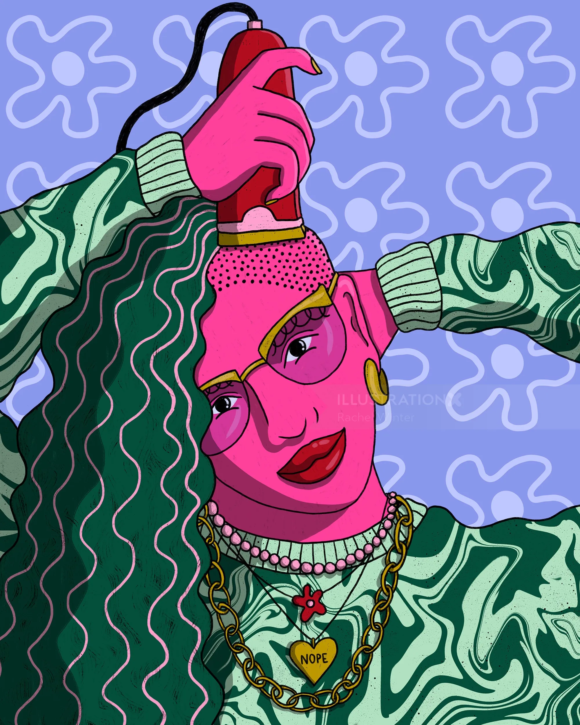 Let it Go illustration with a pink woman spraying hairspray, by Rachel Winter