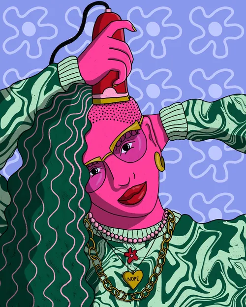 Illustration zu „Let it Go“ mit einer pinkfarbenen Frau, die Haarspray versprüht, von Rachel Winter