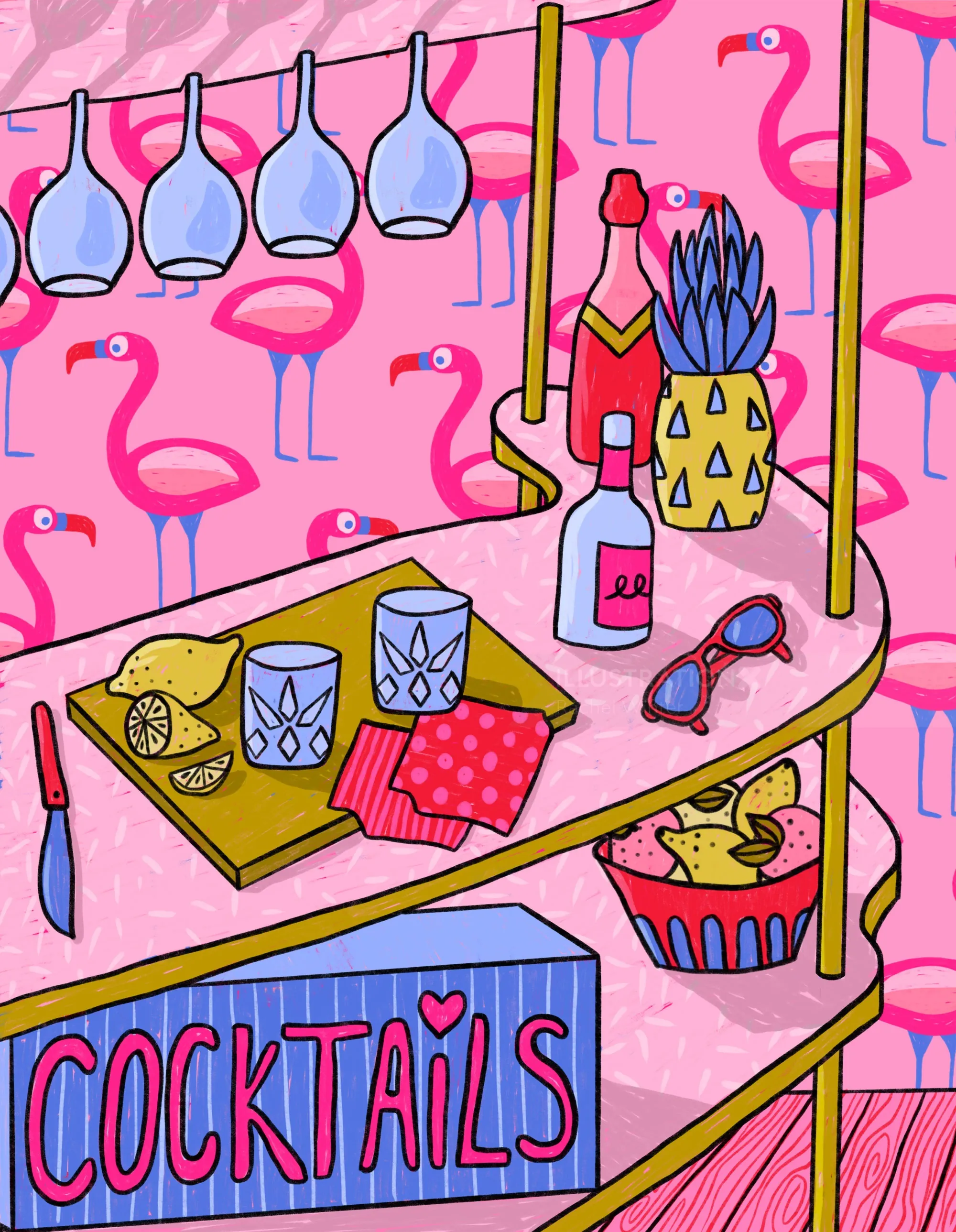 Persönliche Illustration einer pinkfarbenen Cocktailbar-Szene von Rachel Winter
