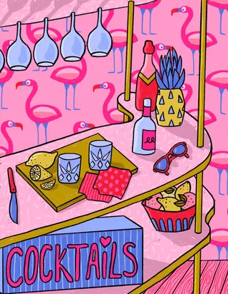 Personal illustration of a pink cocktail bar scene by Rachel Winter