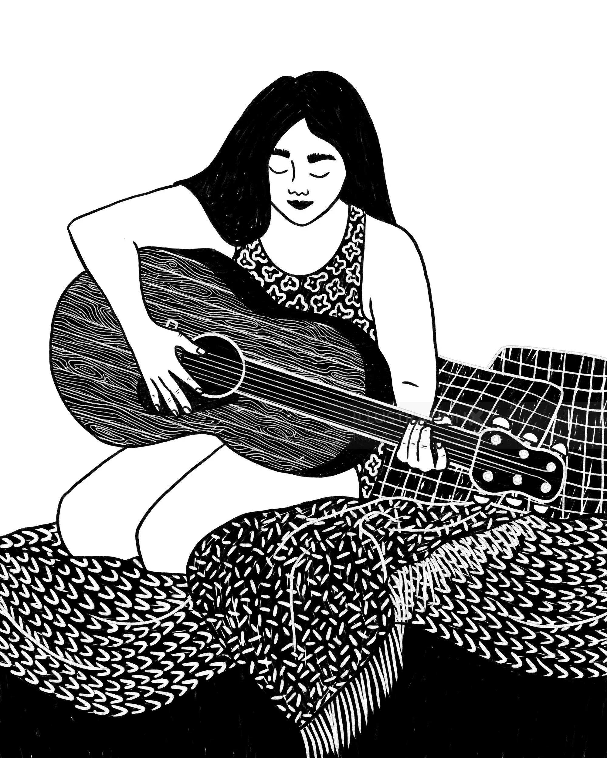 Black and white illustration of girl playing acoustic guitar by Rachel Winter