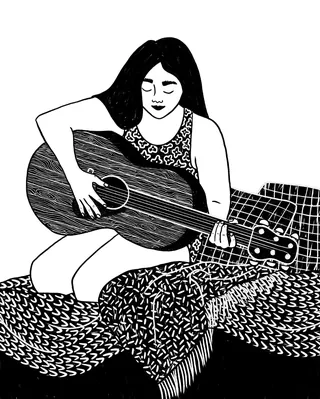 Black and white illustration of girl playing acoustic guitar by Rachel Winter