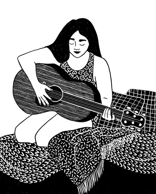 Schwarz-Weiß-Illustration eines Mädchens, das Akustikgitarre spielt, von Rachel Winter