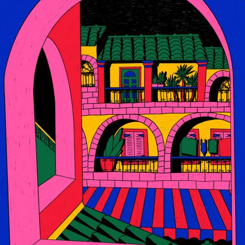 Colorful travel illustration of Greek architecture by Rachel Winter