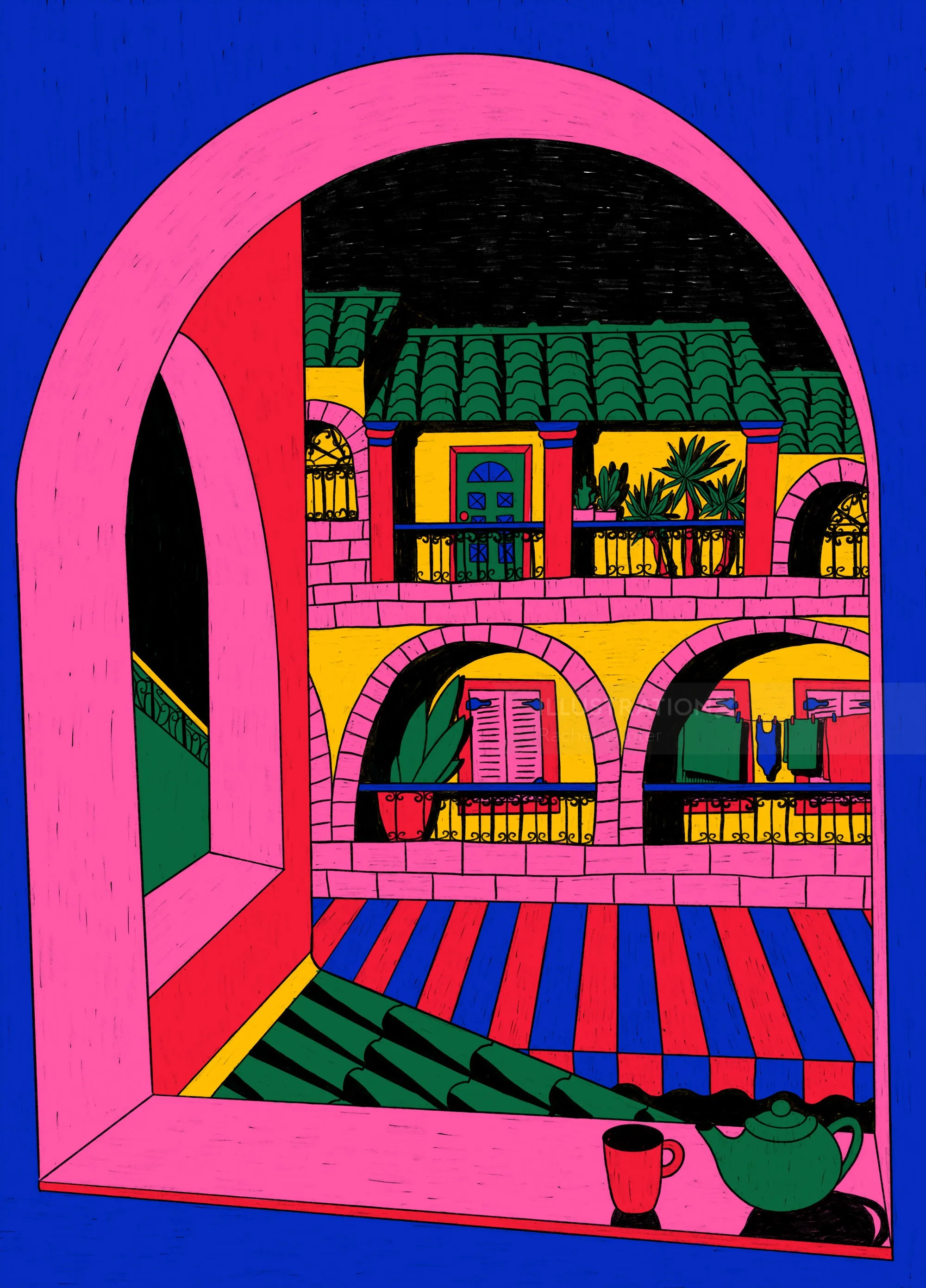 Ilustración colorida de la arquitectura griega realizada por Rachel Winter
