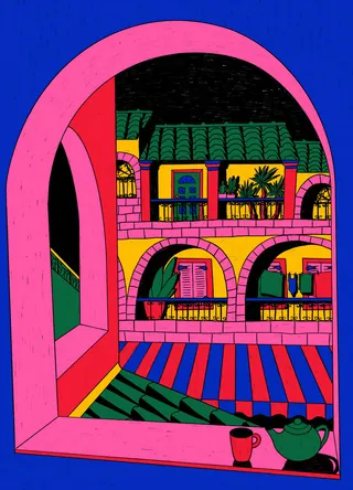 Colorful travel illustration of Greek architecture by Rachel Winter