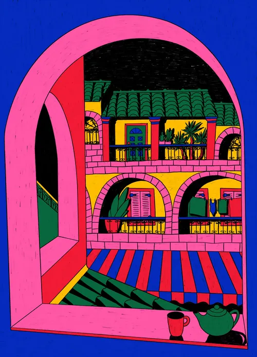 Farbenfrohe Reiseillustration griechischer Architektur von Rachel Winter