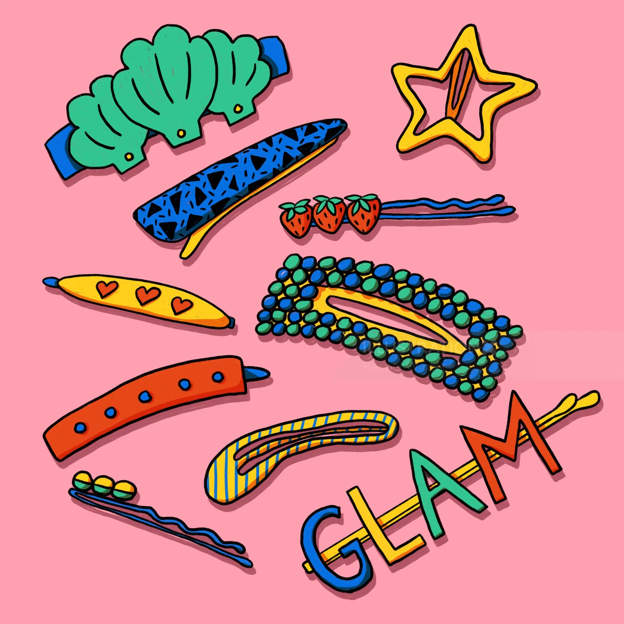 Colorful hair clips and pins with strawberries and star designs by Rachel Winter