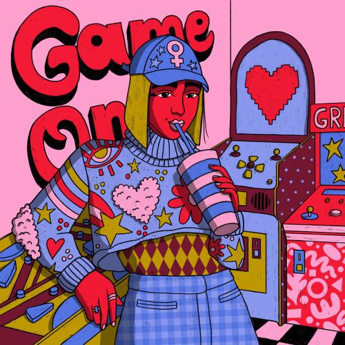 Woman in colorful outfit drinking with arcade games, by Rachel Winter