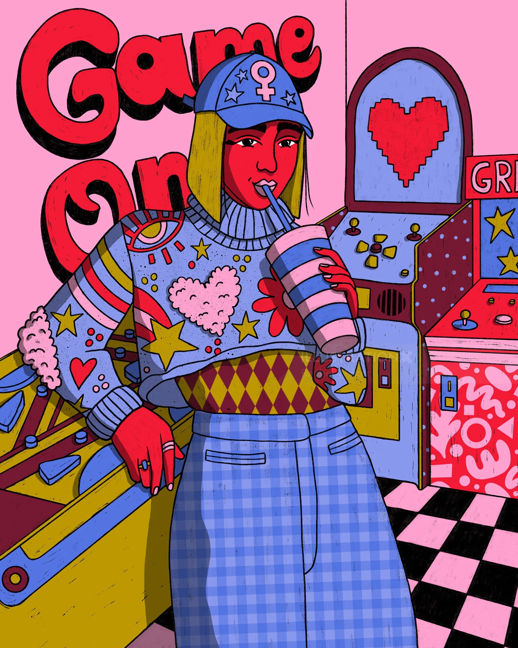 Mujer con atuendo colorido bebiendo mientras juega a videojuegos arcade, por Rachel Winter