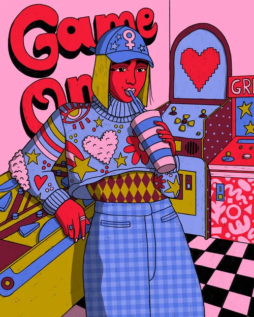 Frau in farbenfrohem Outfit trinkt und spielt Arcade-Spiele, von Rachel Winter