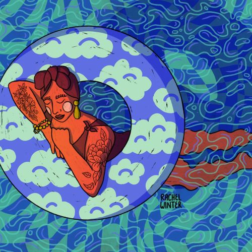 Woman with tattoos floating in a cloud-patterned ring in water by Rachel Winter