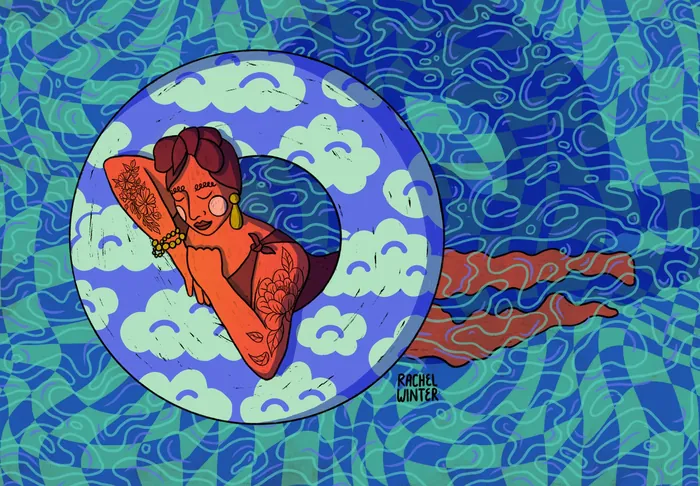 Woman with tattoos floating in a cloud-patterned ring in water by Rachel Winter