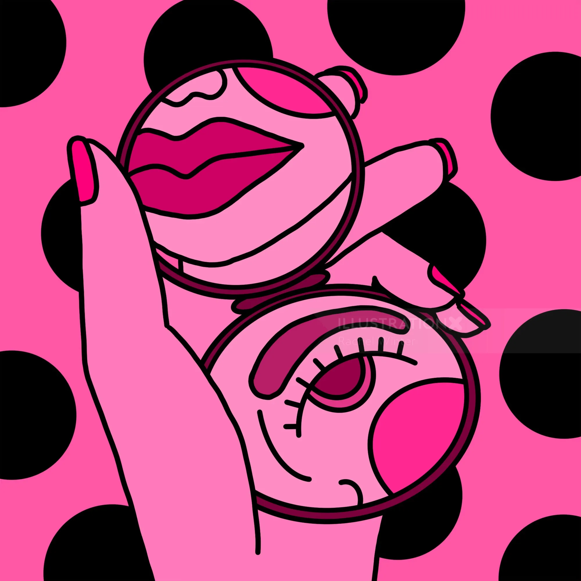 Illustration of hand holding compact mirror showing lips and eye by Rachel Winter