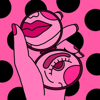 Illustration of hand holding compact mirror showing lips and eye by Rachel Winter