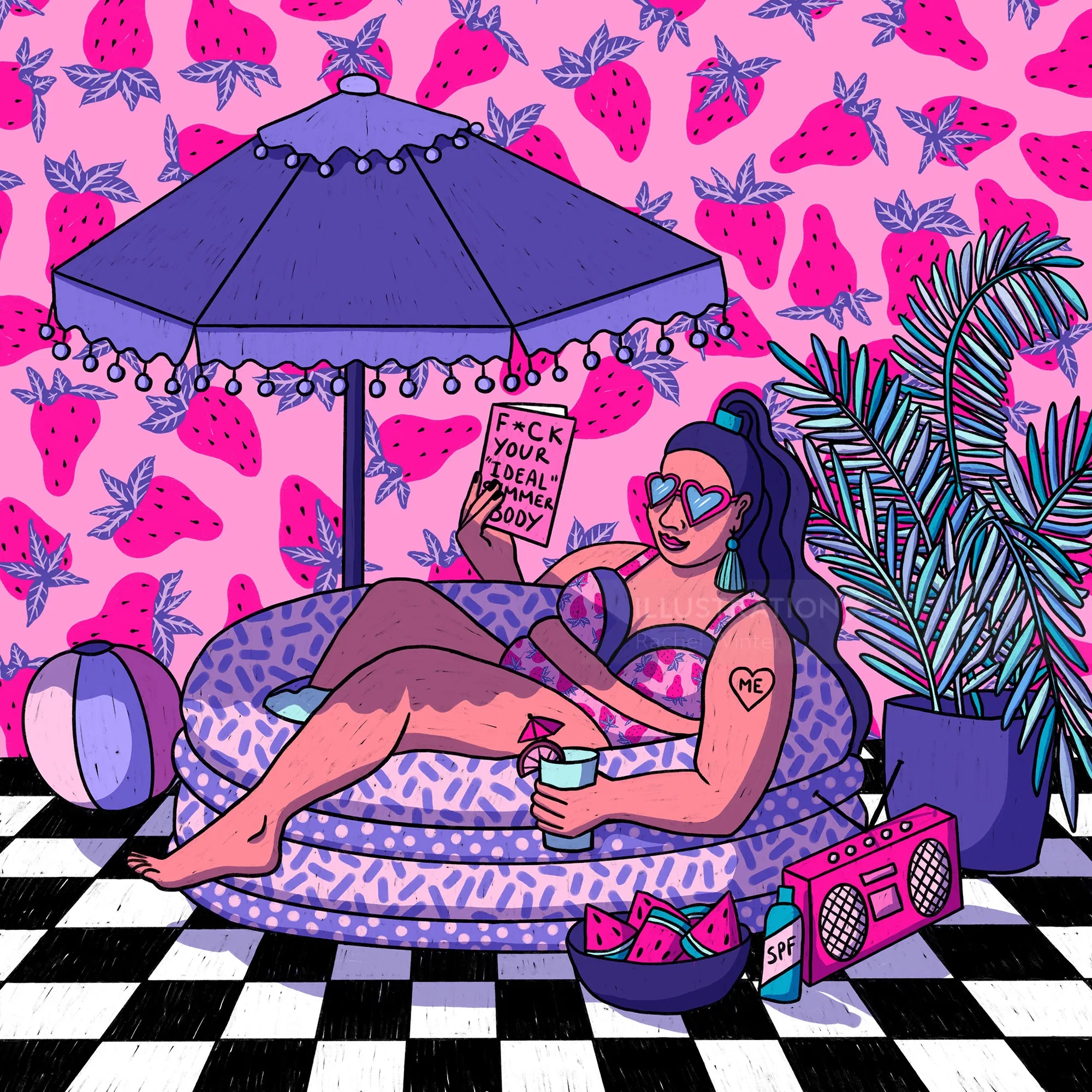 Body positive woman relaxing on inflatable couch under umbrella by plants, radio, and watermelon