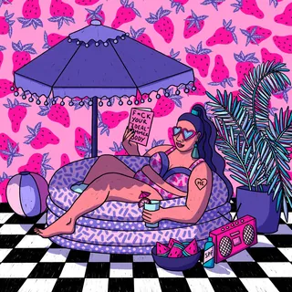 Body positive woman relaxing on inflatable couch under umbrella by plants, radio, and watermelon