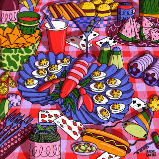 鮮やかな色彩のバーベキューパーティーのテーブルのイラスト