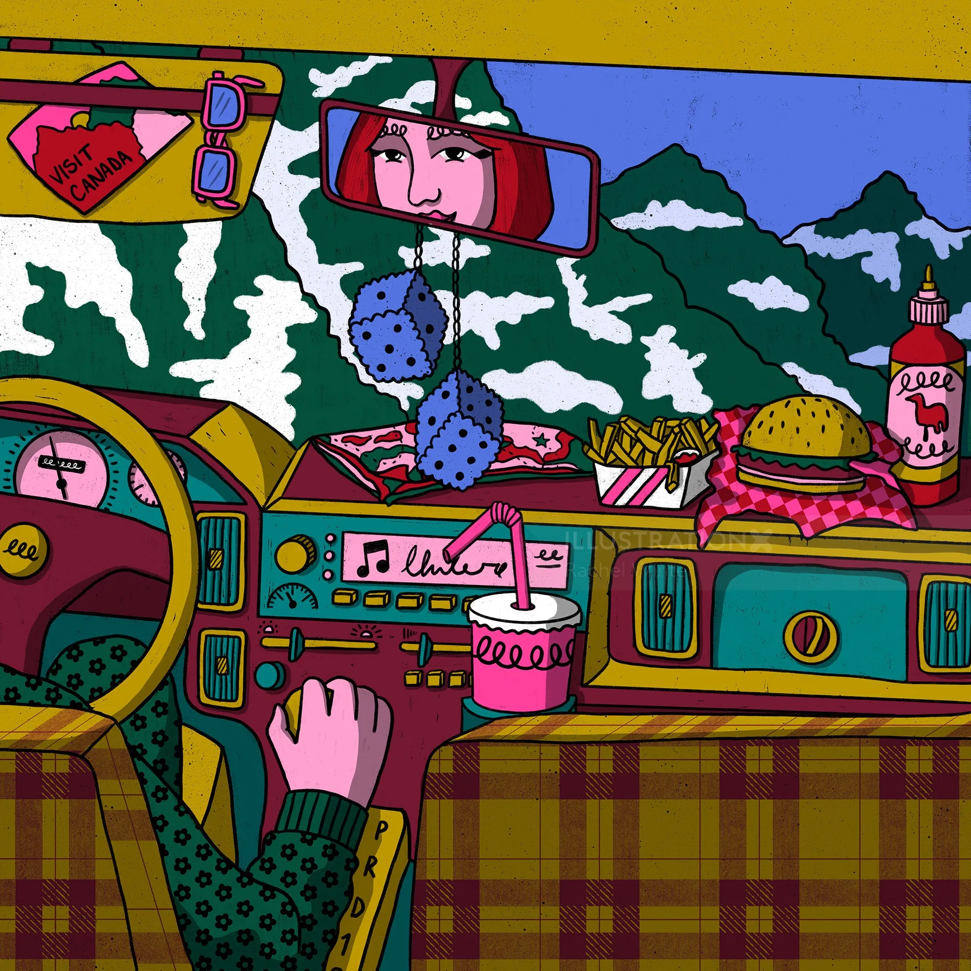 Colorful car interior during road trip with mountains and food
