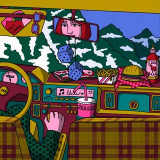 Colorful car interior during road trip with mountains and food