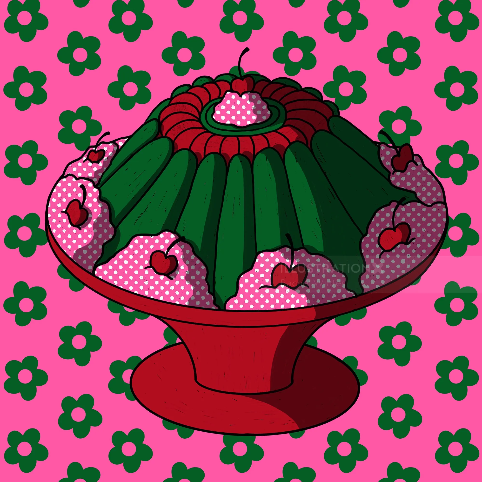 Ilustración de un molde de gelatina verde con cerezas por Rachel Winter