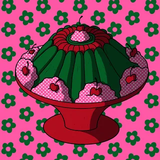 Illustration of a green jello mold with cherries by Rachel Winter