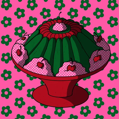 Illustration einer grünen Wackelpuddingform mit Kirschen von Rachel Winter