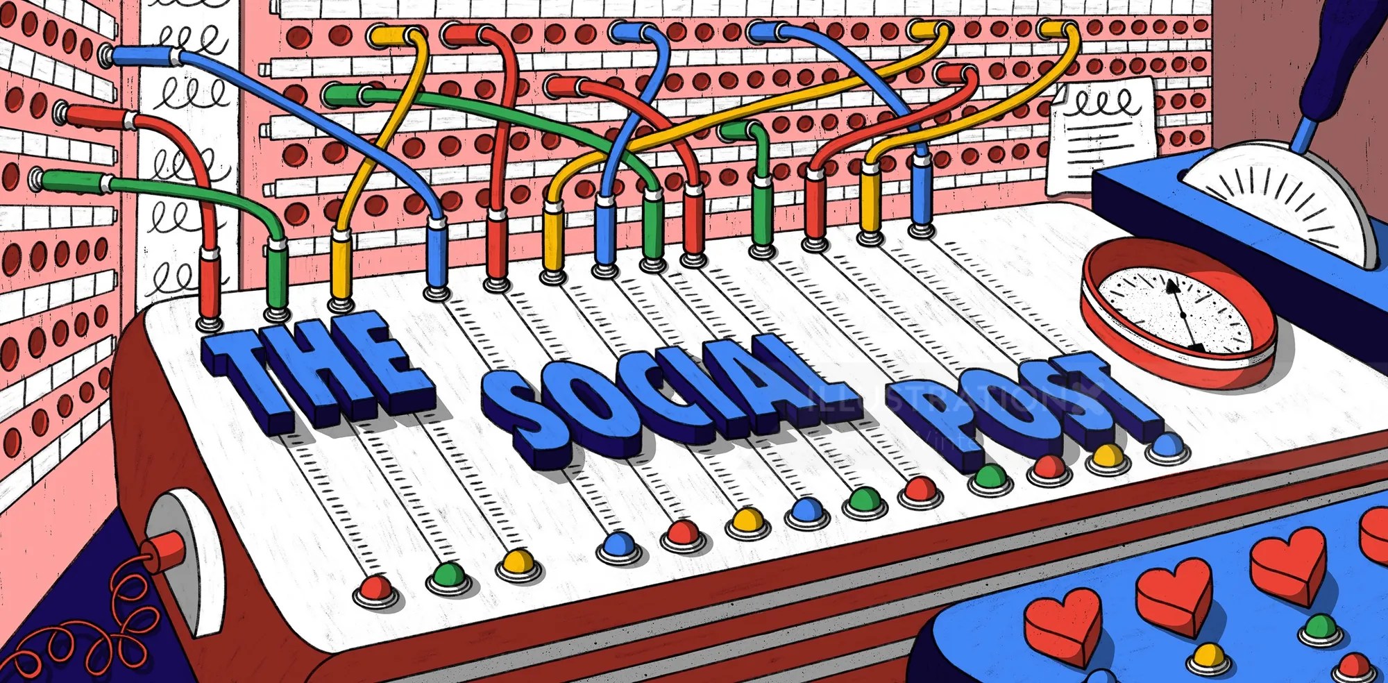 Mezclador de audio colorido con el texto THE SOCIAL POST y cables conectados por Rachel Winter